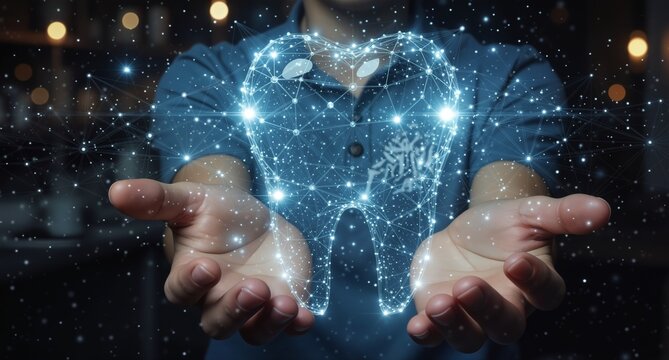 digital tooth hologram held in hands with futuristic network connection and blurred dental office background. - Powered by Adobe