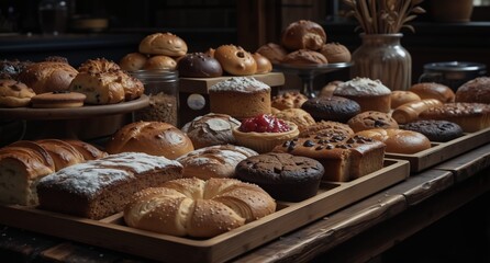 freshly baked pastries and breads displayed on rustic wooden trays in a bakery setting.
