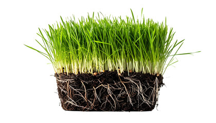 A cross-section of fresh green grass showcasing roots and soil against a black background