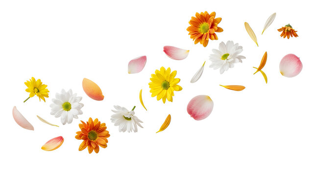 A collection of colorful flowers and petals floating gently in the air against a white background