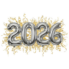 New Year 2026 Silver Foil Balloons isolated on transparent background