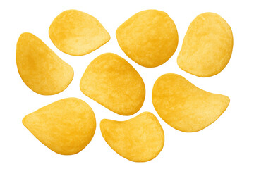 Crispy golden potato chips falling transparent background