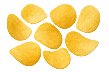 Crispy golden potato chips falling transparent background
