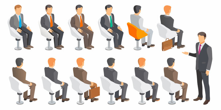 Isometric illustration of a business meeting with seated and standing figures