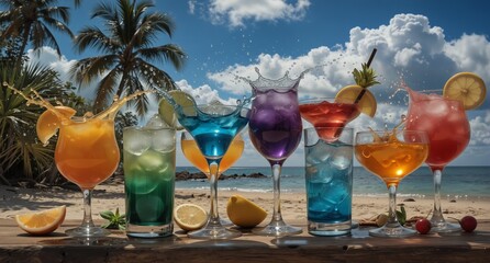 tropical cocktails splashing on a beach with palm trees and blue sky, summer refreshment concept.