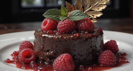 rich chocolate dessert with fresh raspberries and golden garnish on a white plate.