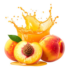 Vibrant image showing a splash of juice with peaches, one cut open, water droplets