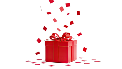 Red gift box with a red ribbon and confetti falling around it.