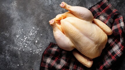 A whole chicken rests on a checkered cloth in a kitchen area. Coarse salt is scattered nearby on a stone surface indicating preparation for cooking.