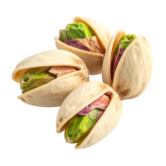 Four open pistachios on a black background. Close-up reveals green and purple hues