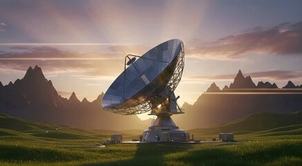 Radio Telescope at Sunrise in Mountain Landscape