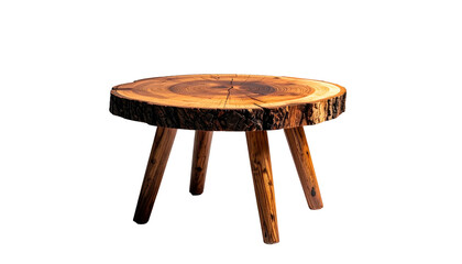 Small, rustic wooden side table crafted from a tree slice, set against a black backdrop