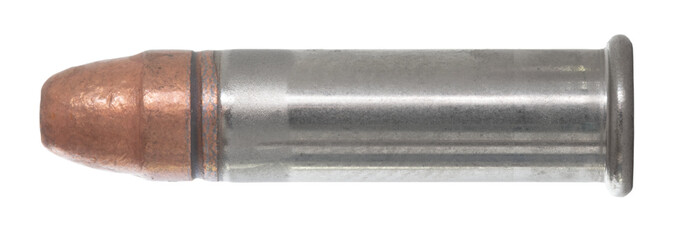 Silver casing on a 22 rimfire round with a copper plated bullet