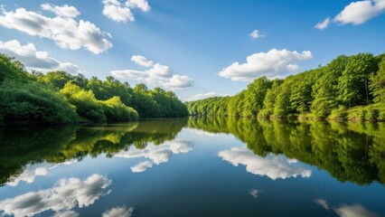 Serene lake surrounded by lush green trees under blue sky