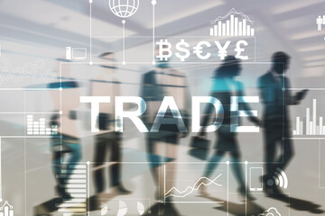 Trade. Business people discussing trade and finance with graphs, charts. Currency symbols global market investment