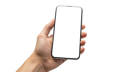Hand holding a modern smartphone with a blank white screen.