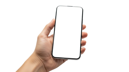 Hand holding a modern smartphone with a blank white screen.