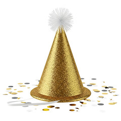 Golden party hat with confetti isolated on transparent background