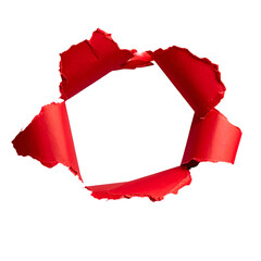 Red torn paper forming a pentagon against a black background