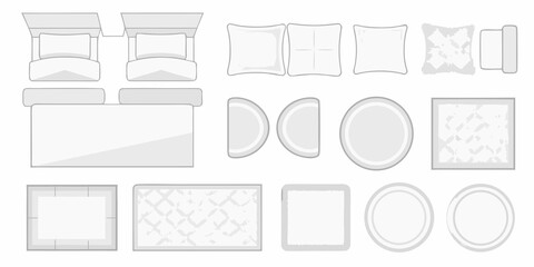 Overhead view of furniture arrangement beds sofas tables and rugs