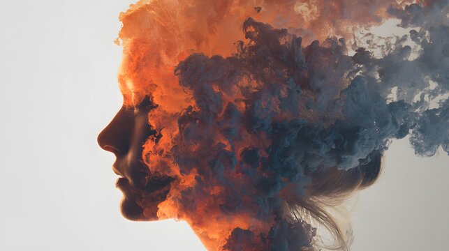 Abstract Double Exposure of a Womans Profile Merged with Fiery Smoke.