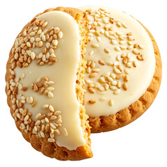 Cookie with white glaze & sesame seeds, a bite removed, shows textures & layers