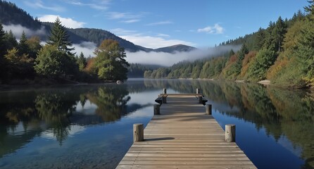 Fototapeta premium serene lake dock with misty mountain reflections in autumn forest landscape