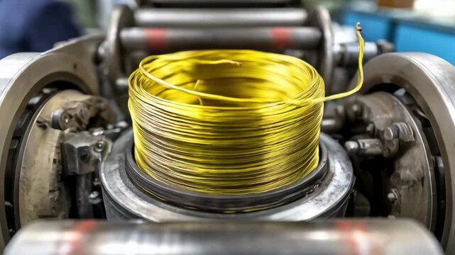 Medium frame of coated brass wire drawing focusing on protective layer application while wire is stretched and guided by rollers.