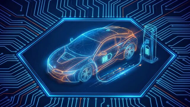 Electric Car Charging Low Poly Wireframe Design With Neon Glow Cable On Digital Circuit Background. Video