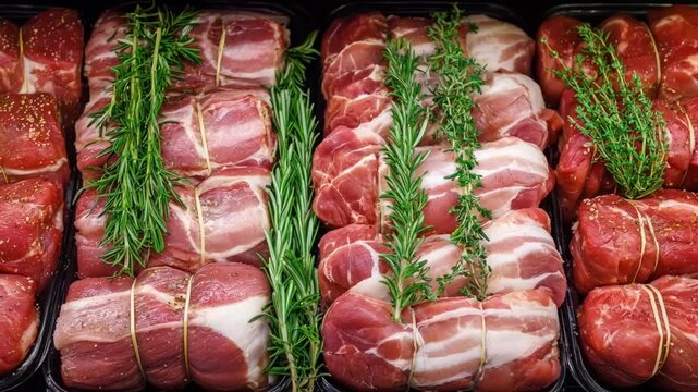 Herbinfused marinated meats arranged neatly showcasing fresh rosemary thyme and oregano on juicy cuts in a grocery store section