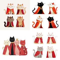 Cute cat characters wearing royal capes and crowns illustrated in a fairy tale style perfect for kids decor nursery art and magical storytelling themes
