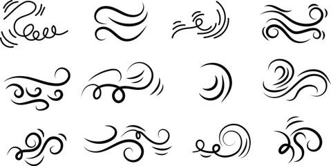 Doodle wind line sketch set. Hand drawn doodle wind motion, air blow, swirl elements. Sketch drawn air blow motion, smoke flow art, abstract line. Isolated vector illustration.