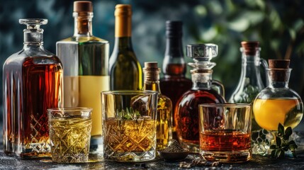 Several bottles of different alcoholic drinks and glasses are arranged on a table. The scene captures a social gathering atmosphere with dim lighting and a focus on beverages.