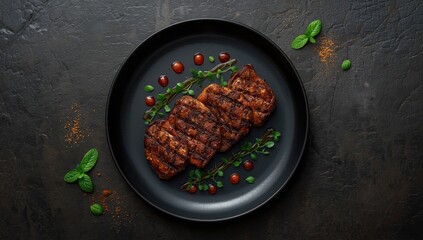 Cooked pork steaks on a black plate placed on a dark stone surface, focusing on meat preparation and grilling process