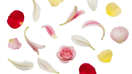 Delicate flower petals floating gently against a pristine white background viewed from directly above