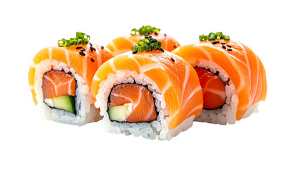 Close-up of four salmon-topped sushi rolls, showcasing the vibrant colors and textures