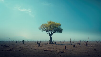 A solitary tree in a cleared landscape, emphasizing deforestation and land erosion concerns