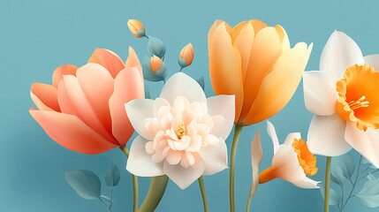 Colorful tulips and daffodils bloom against a blue background in spring showcasing the beauty of flowers in a garden scene