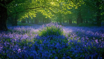 Naklejka premium Under a lush green beech canopy, sunlight streams into a bluebell woodland with colorful blue purple flowers, highlighting natural illumination