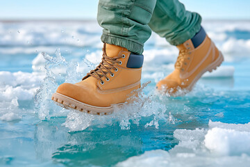 Close-up of brown leather boots walking on ice floe with water splashes during winter daytime