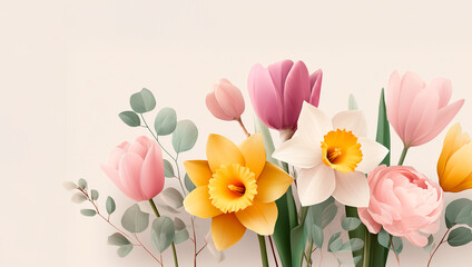 Spring background with tulips and daffodils in a colorful display showing flowers of various types in full bloom