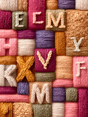 Colorful alphabet sampler seamless digital pattern featuring knitted blocks of letters and textures arranged in a playful layout