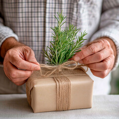 Hands tie twine around simple gift box with green plant while preparing for a special occasion