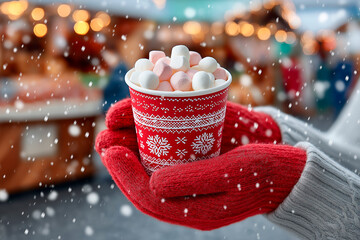Hands in red mittens hold a cup filled with marshmallows while snow falls in a festive setting during winter