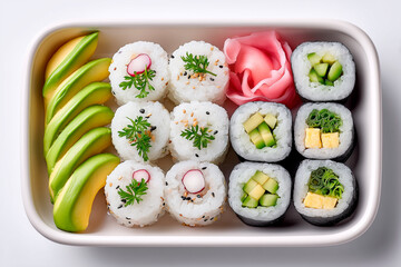 Lunch container filled with sushi rolls, avocado slices, and pickled ginger prepared for a meal break on a weekday