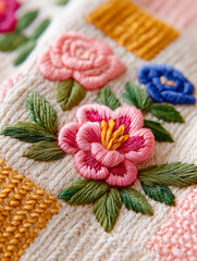 Digital embroidery display showing mixed floral patchwork with bright colors and detailed stitching in a creative setup