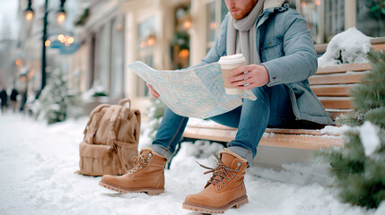 Hands hold a paper map and cup of hot cocoa while sitting on a snowy bench in a winter setting