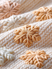 Snowflake embroidery pattern on off-white fabric with hand-stitched details and soft textures