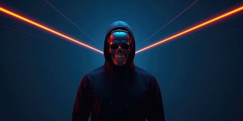 Futuristic cyberpunk figure wearing a human skull mask and vibrant helmet, exploring themes of augmented reality and digital identity