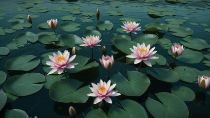 Beautiful water lilies floating on calm water surface